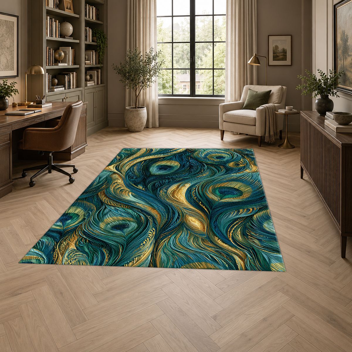 Gold and Teal Peacock Feathers printed area rug