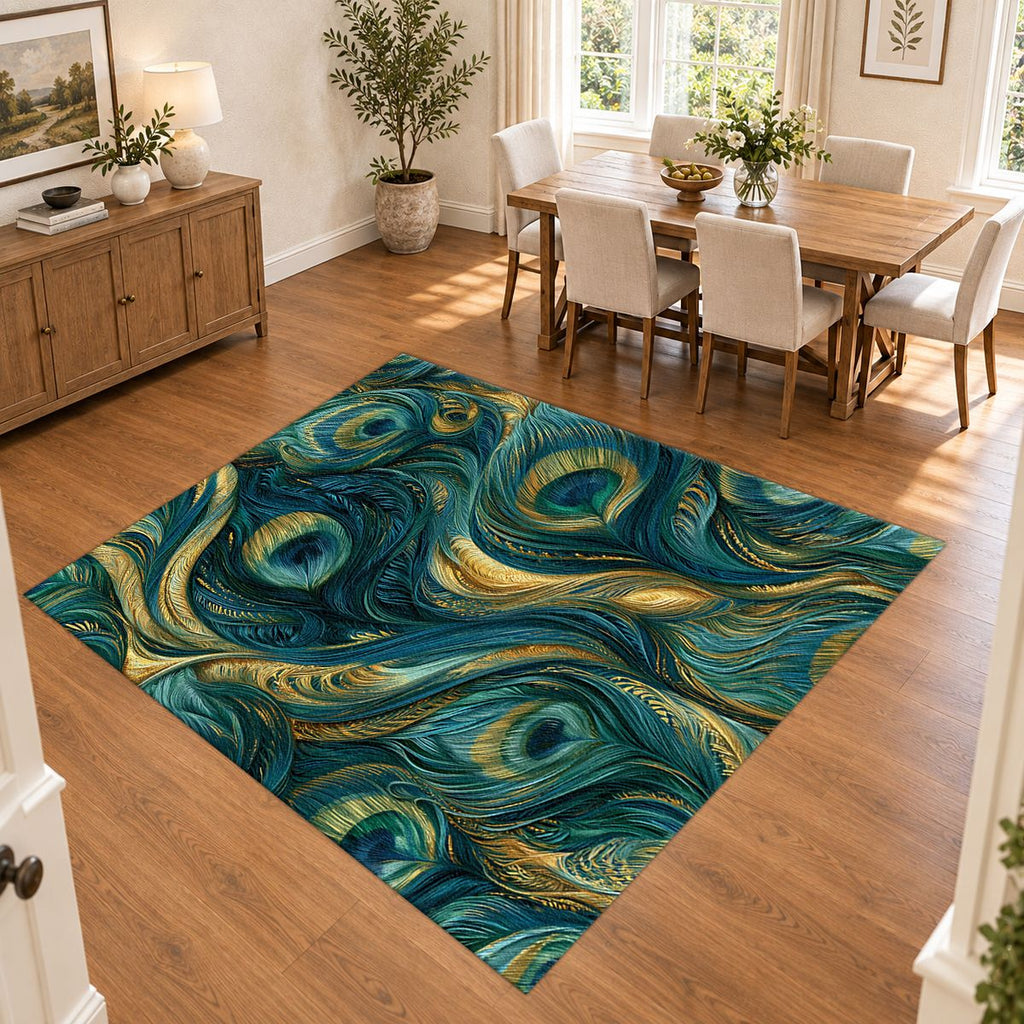 Gold and Teal Peacock Feathers printed area rug