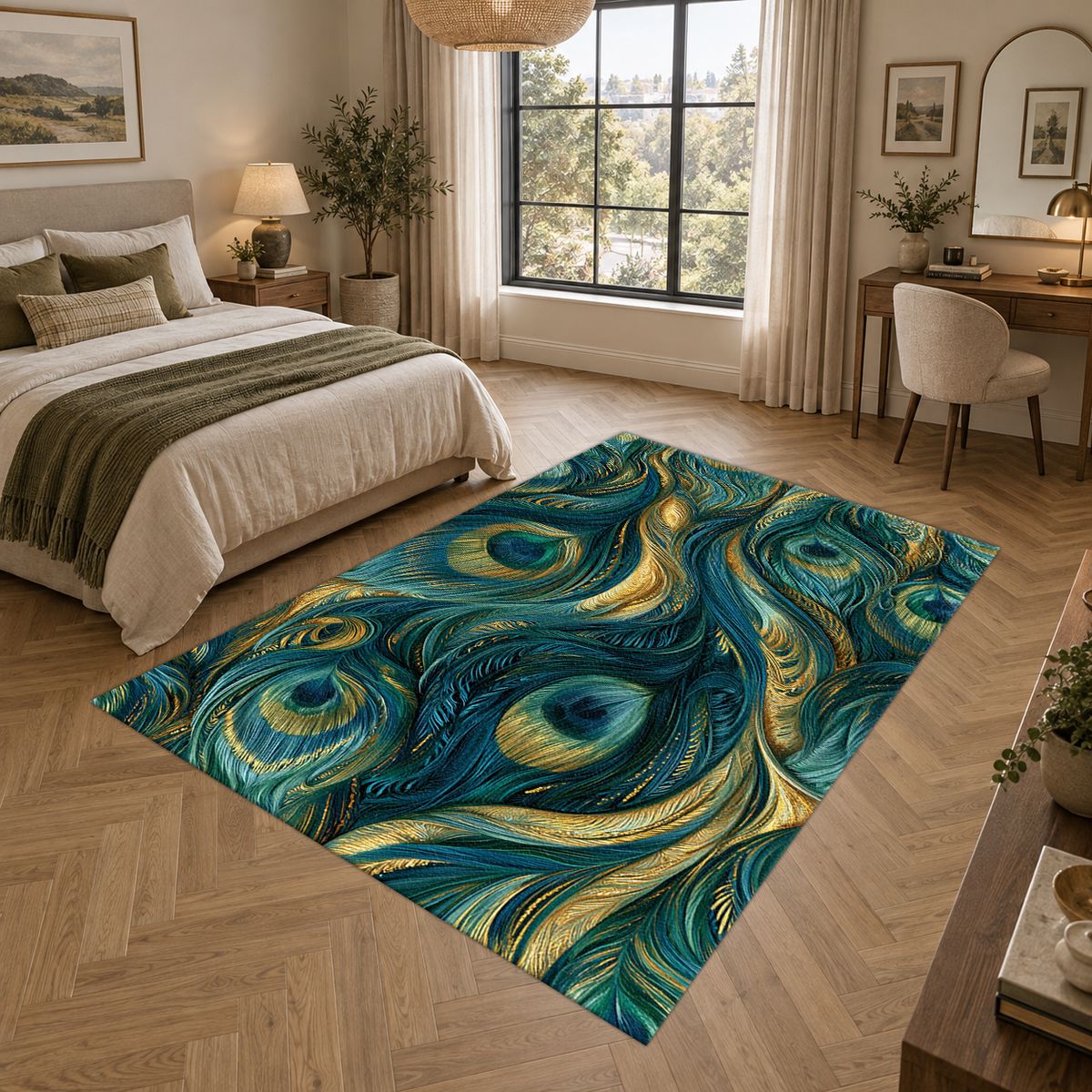 Gold and Teal Peacock Feathers printed area rug