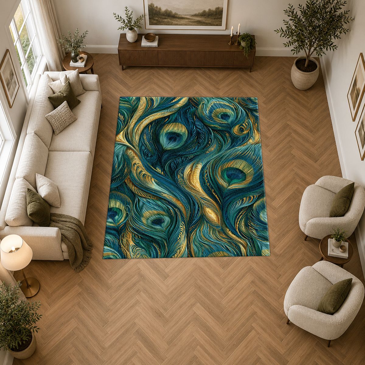 Gold and Teal Peacock Feathers printed area rug