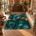 Blue Green Peacock Plume printed area rug