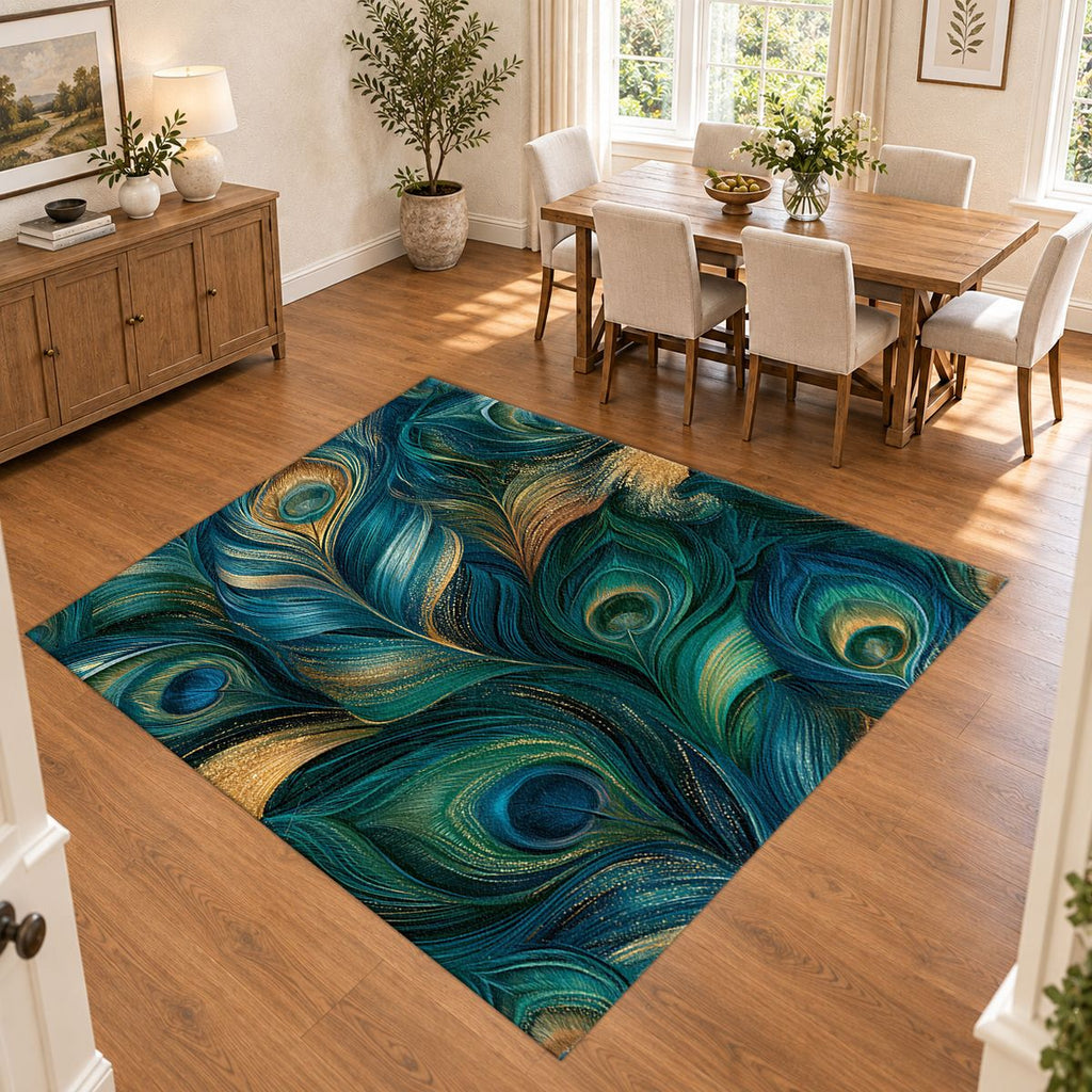 Blue Green Peacock Plume printed area rug