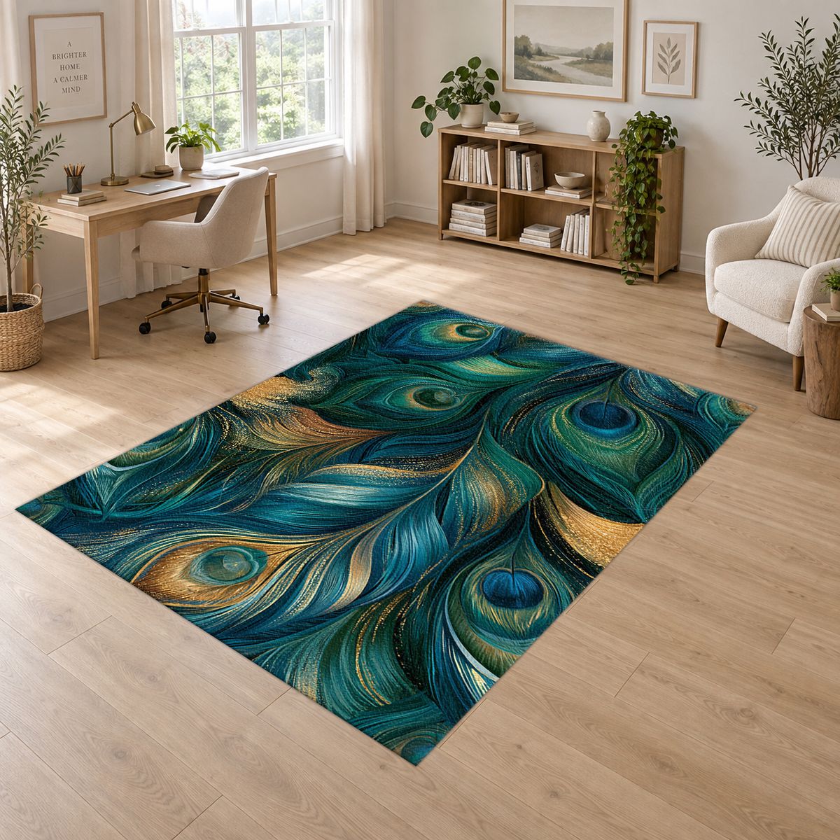 Blue Green Peacock Plume printed area rug