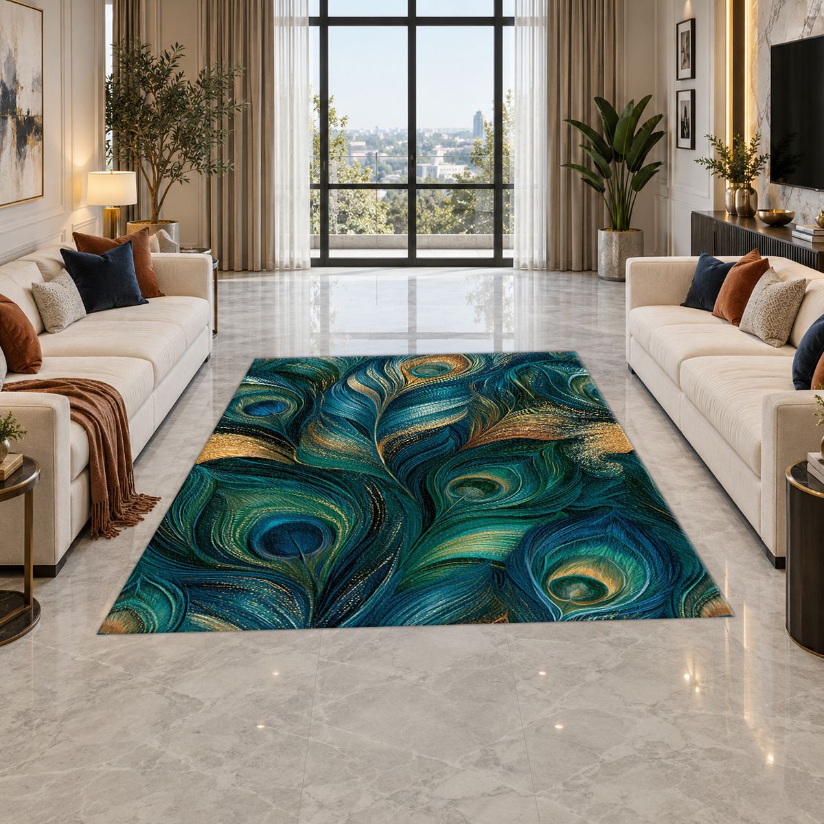 Blue Green Peacock Plume printed area rug