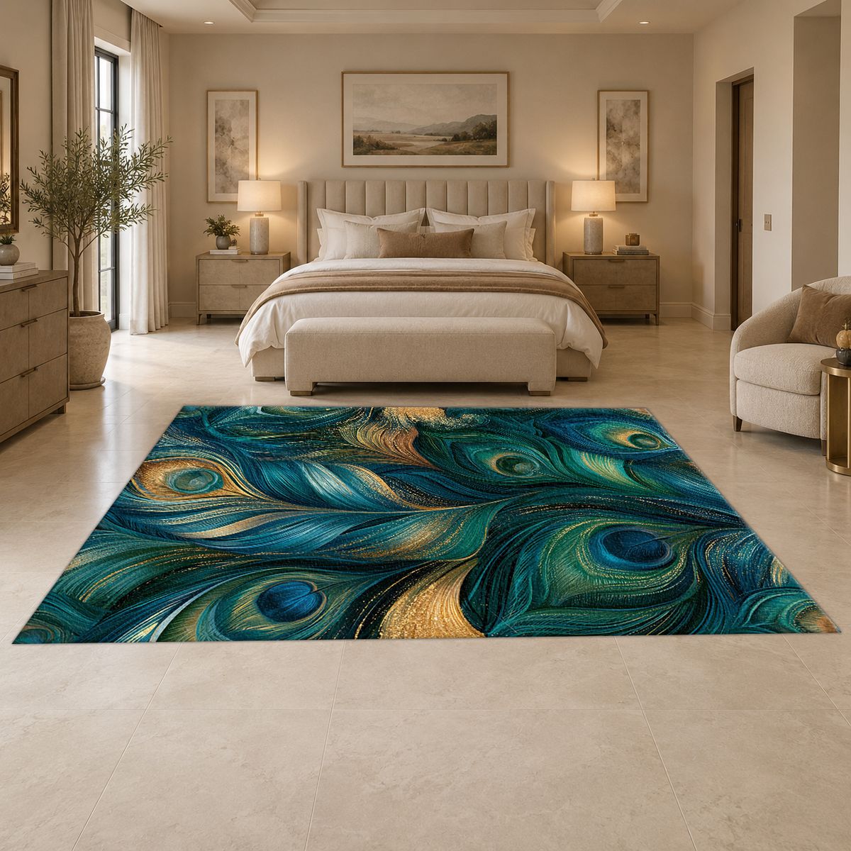 Blue Green Peacock Plume printed area rug