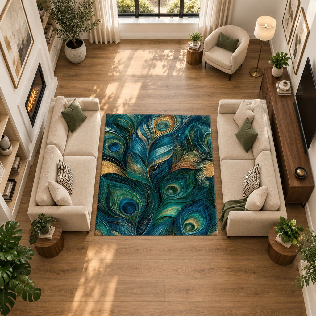 Blue Green Peacock Plume printed area rug