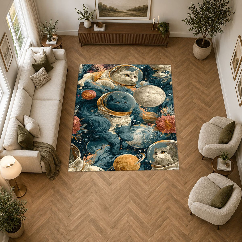 Space Cats and Planets printed area rug