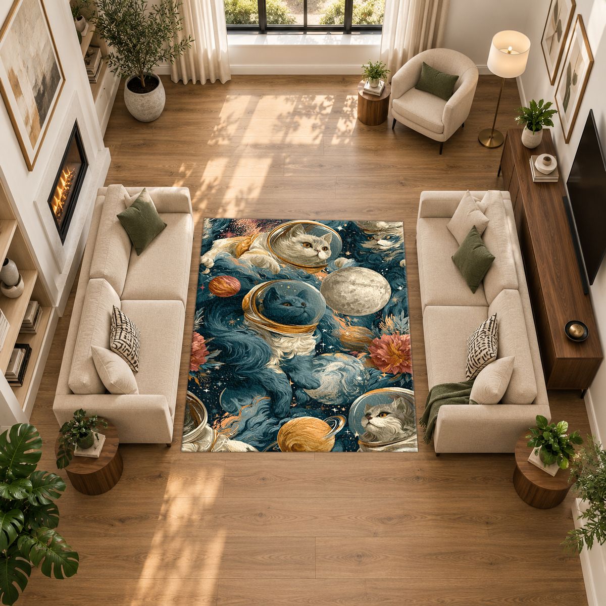 Space Cats and Planets printed area rug