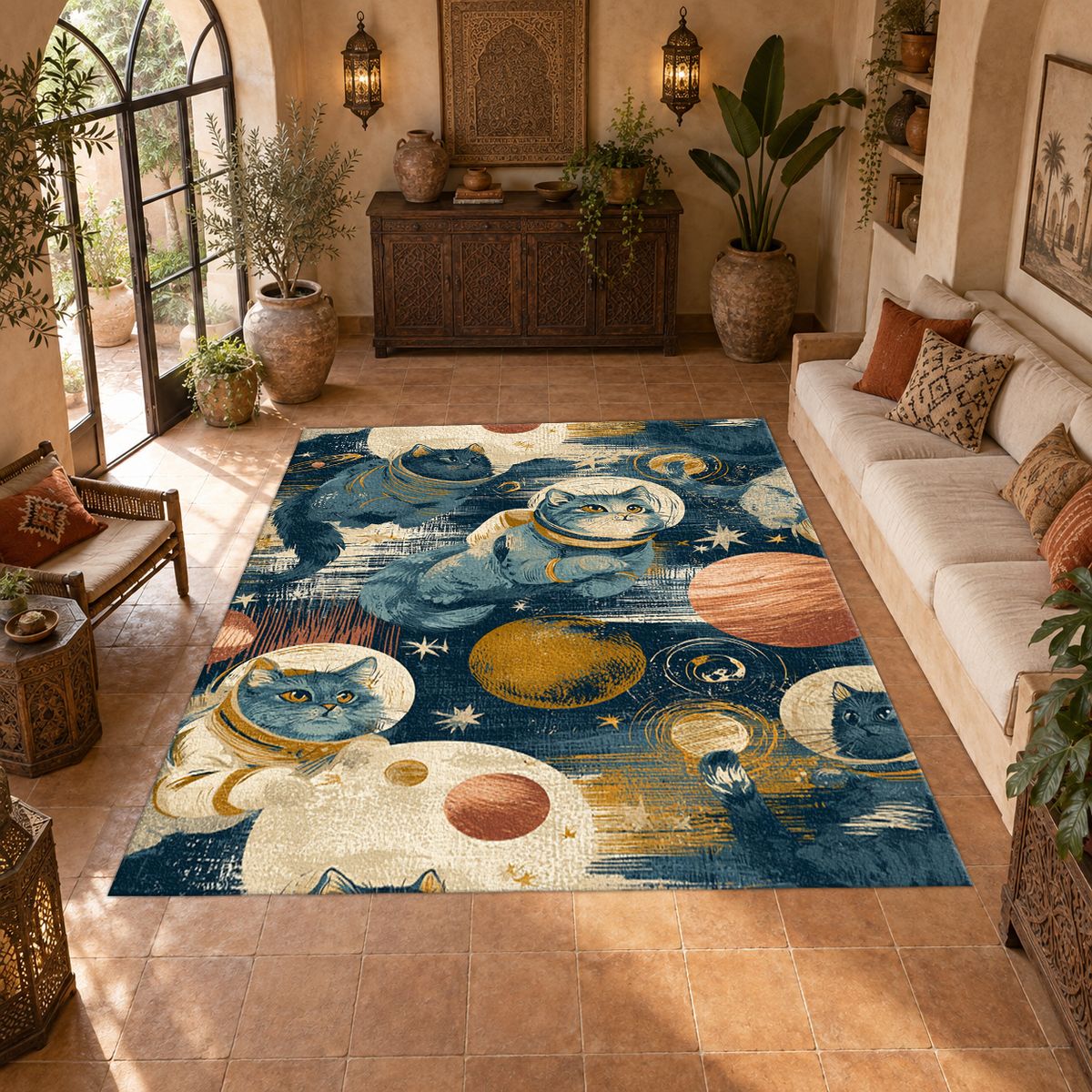 Astronaut Cats in Galaxy printed area rug