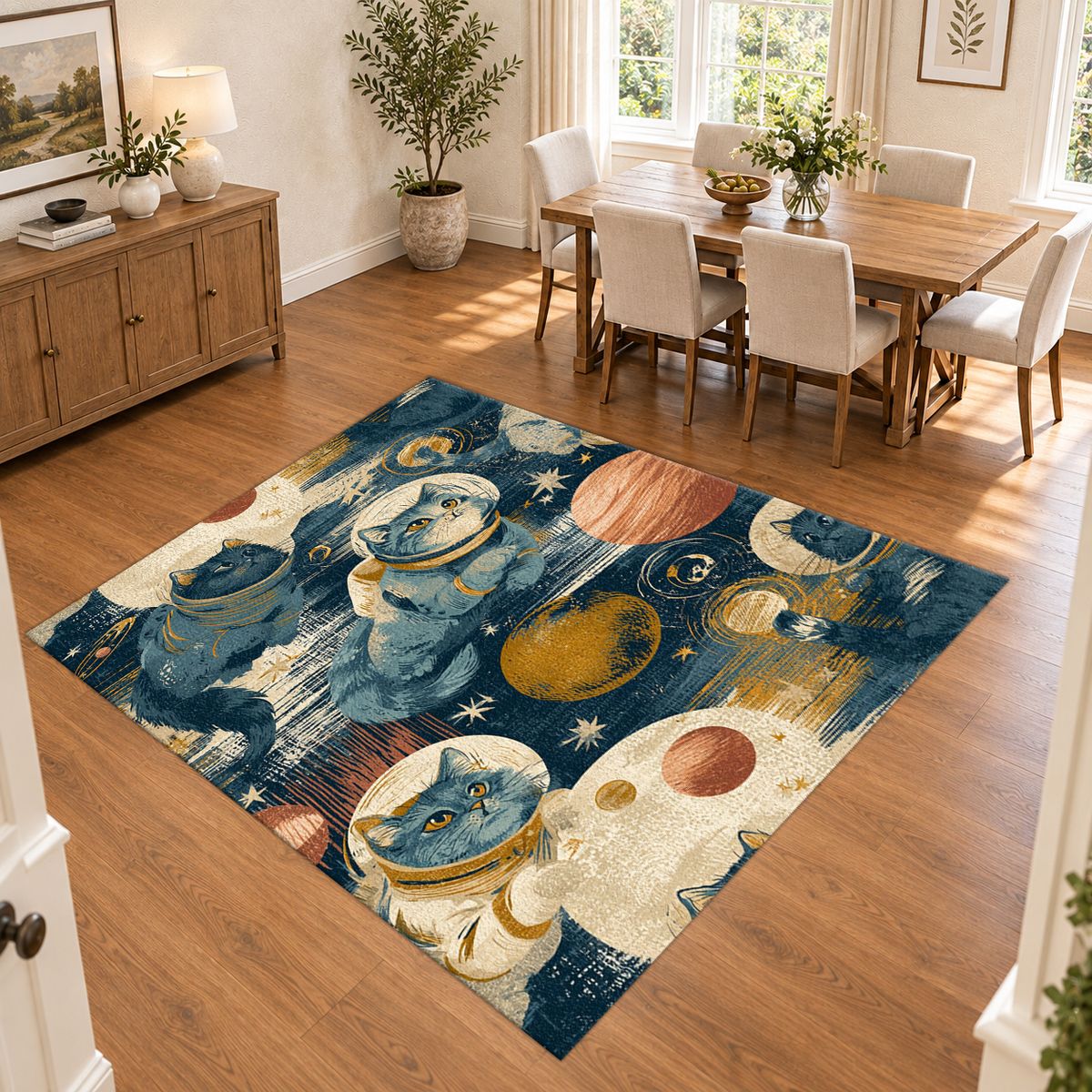 Astronaut Cats in Galaxy printed area rug
