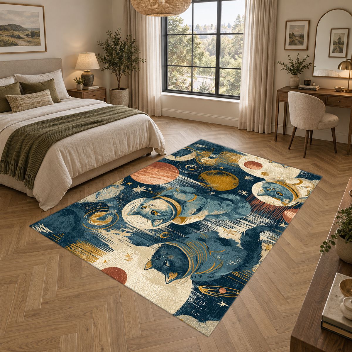 Astronaut Cats in Galaxy printed area rug