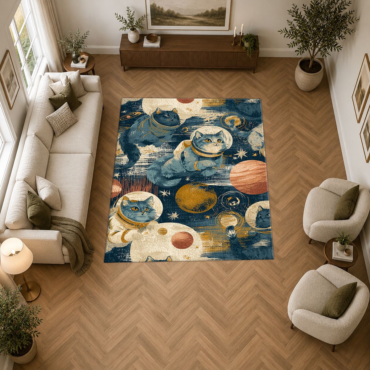 Astronaut Cats in Galaxy printed area rug