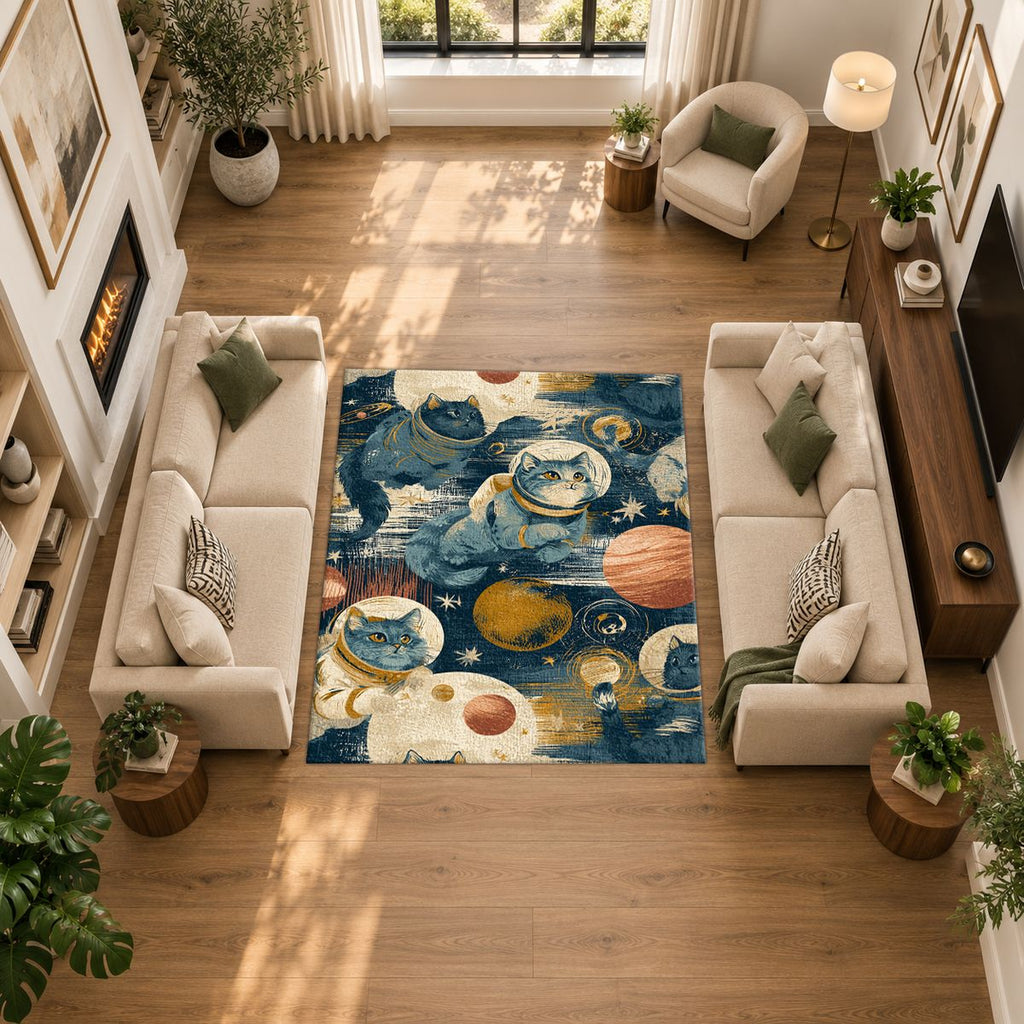 Astronaut Cats in Galaxy printed area rug