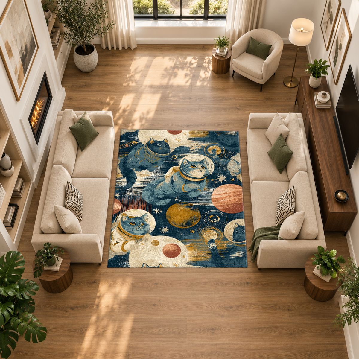 Astronaut Cats in Galaxy printed area rug