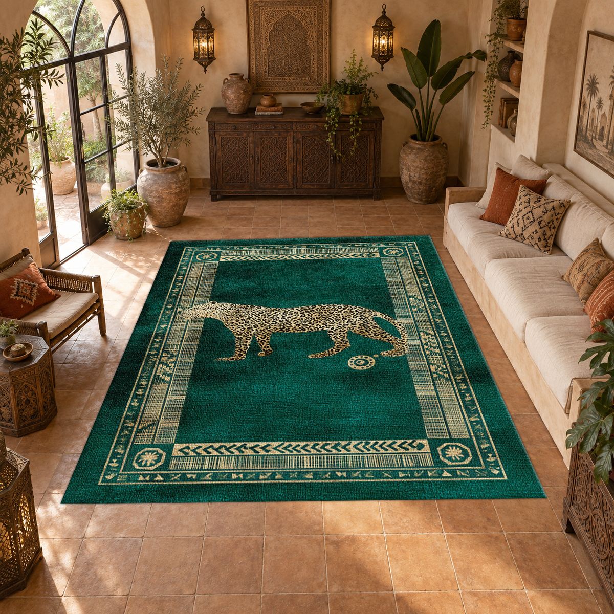 Green Leopard Classic Border printed area rug