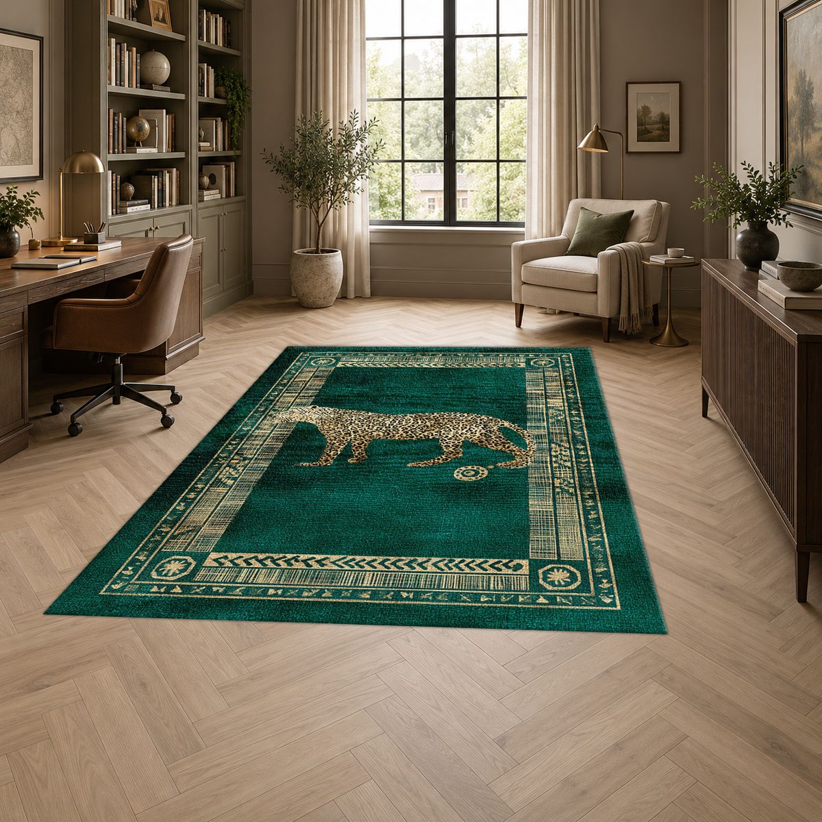 Green Leopard Classic Border printed area rug