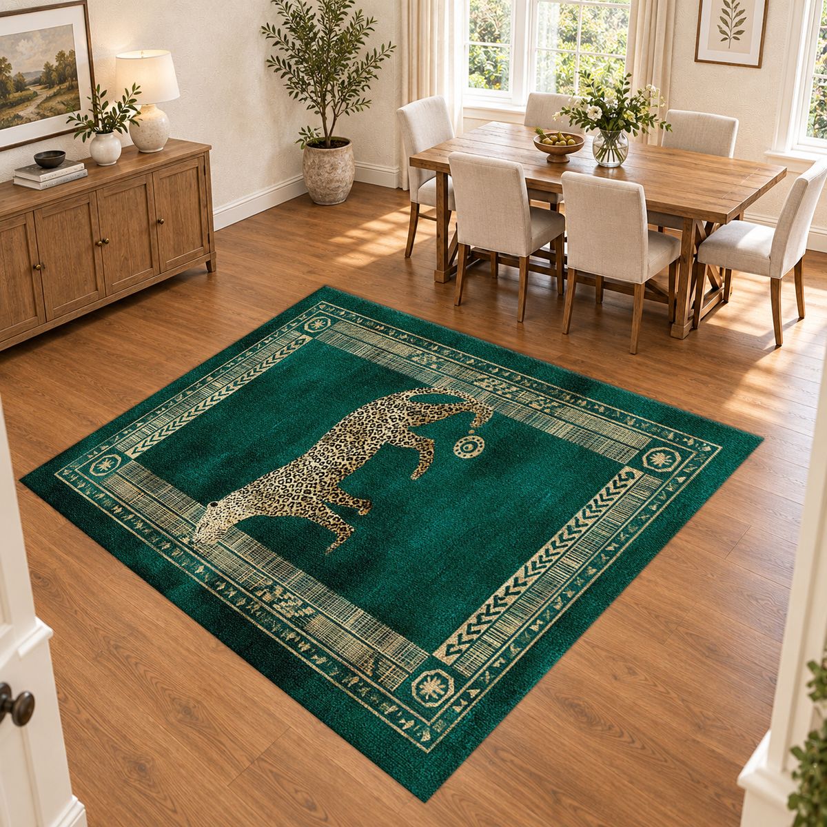 Green Leopard Classic Border printed area rug