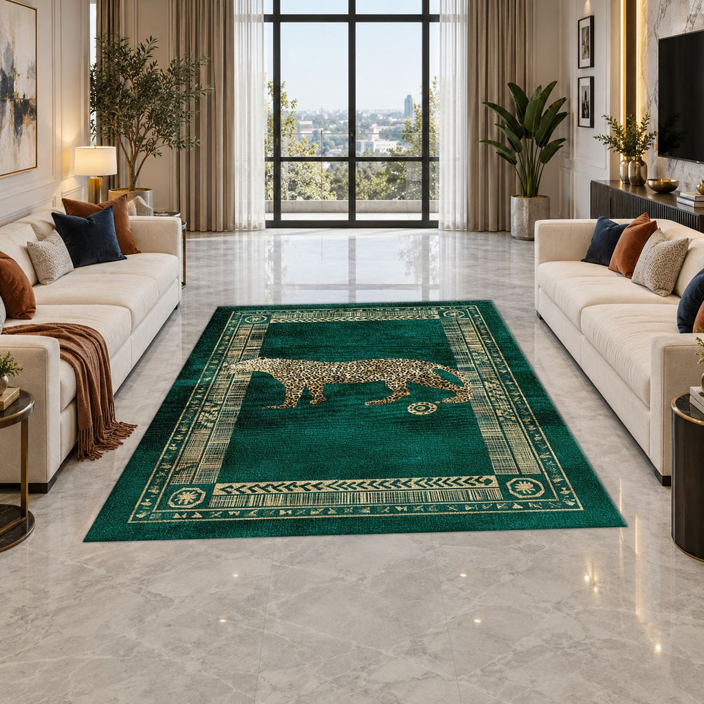 Green Leopard Classic Border printed area rug