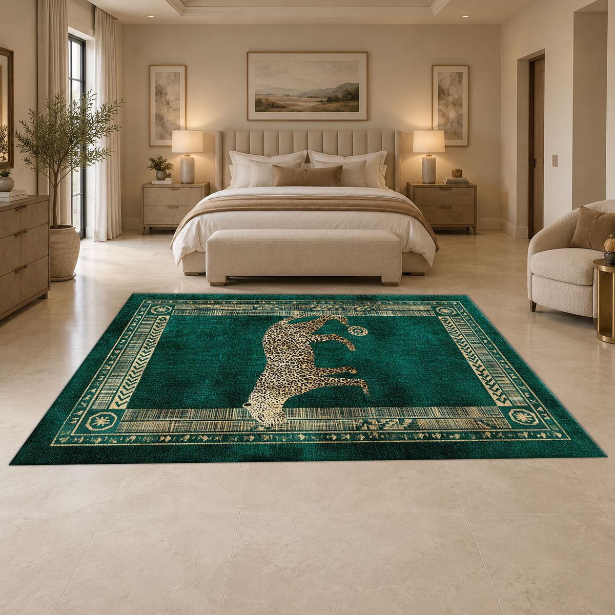 Green Leopard Classic Border printed area rug