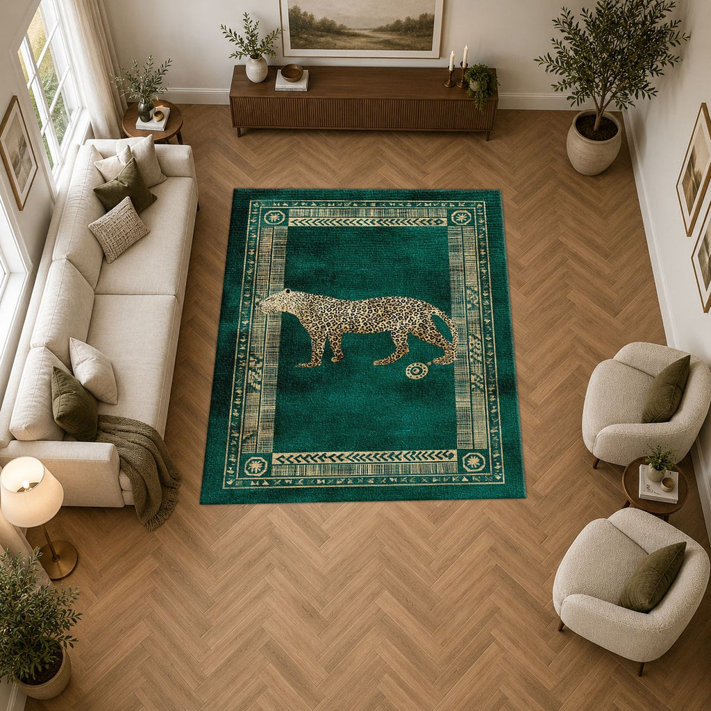 Green Leopard Classic Border printed area rug