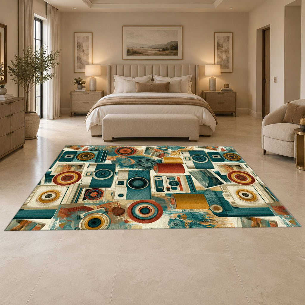 Retro Camera Collage printed area rug