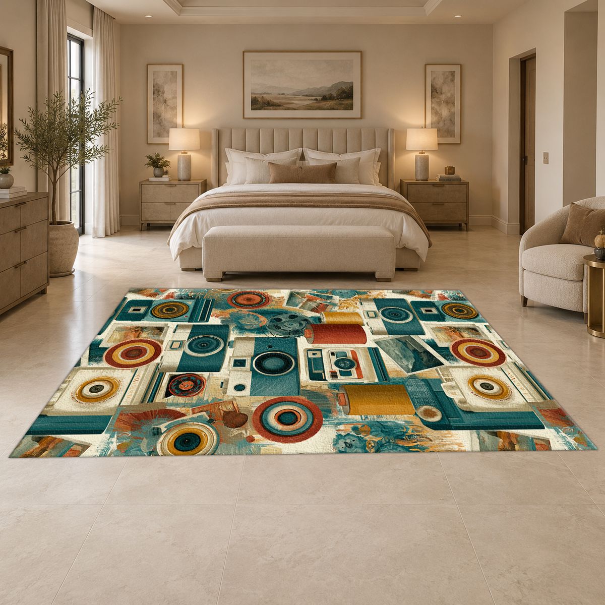 Retro Camera Collage printed area rug