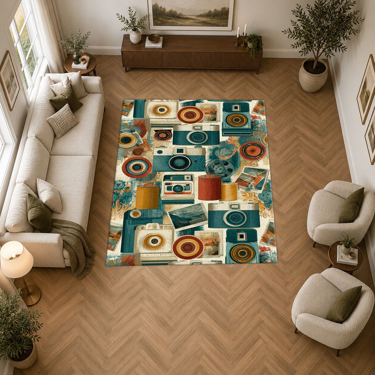 Retro Camera Collage printed area rug