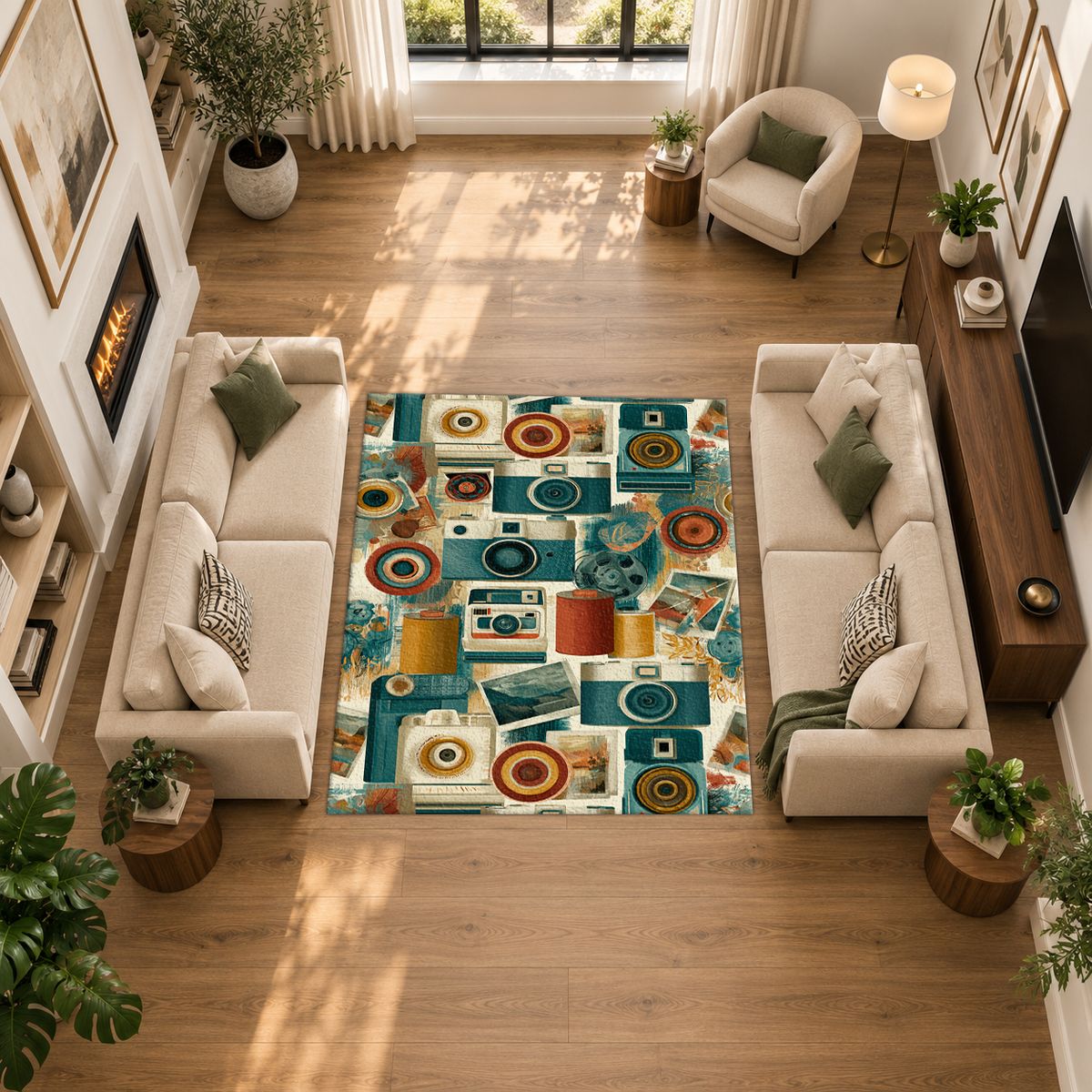 Retro Camera Collage printed area rug