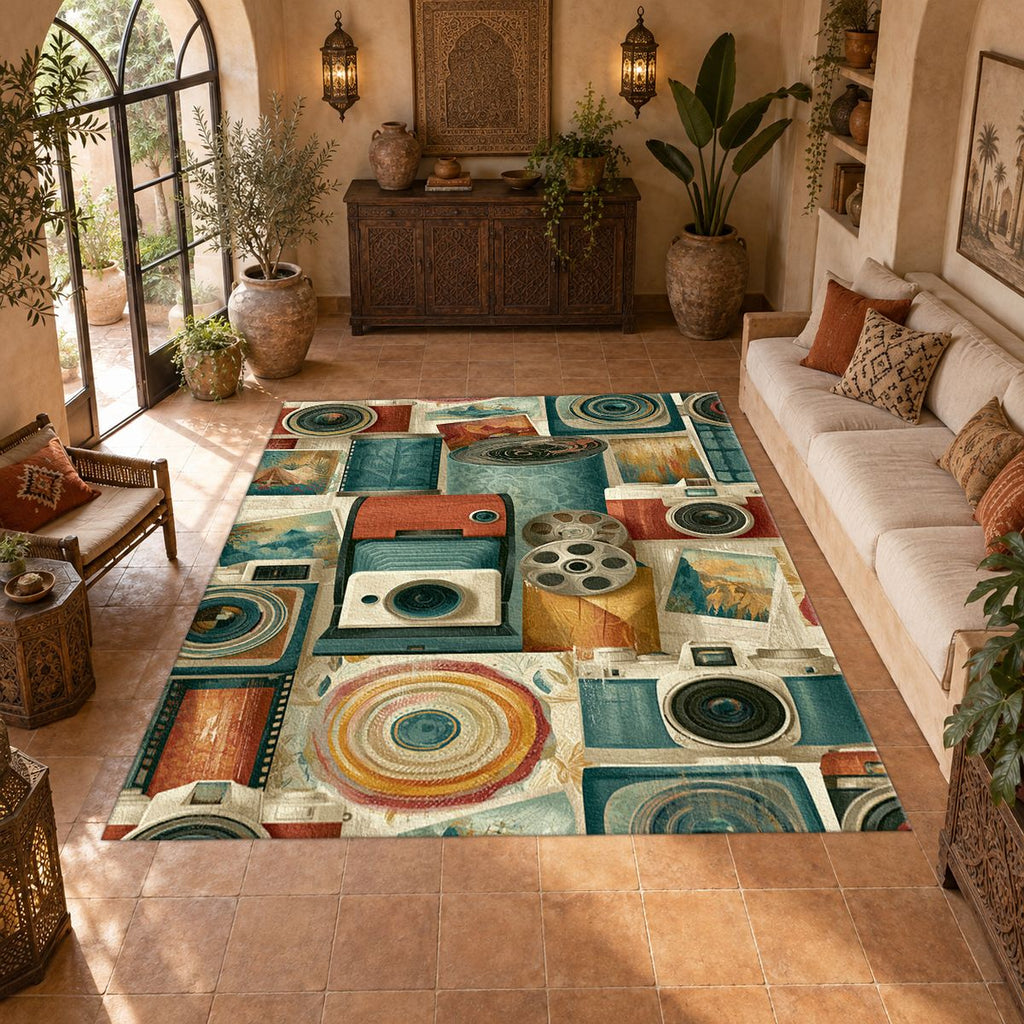 Vintage Camera and Film Reel Collage printed area rug