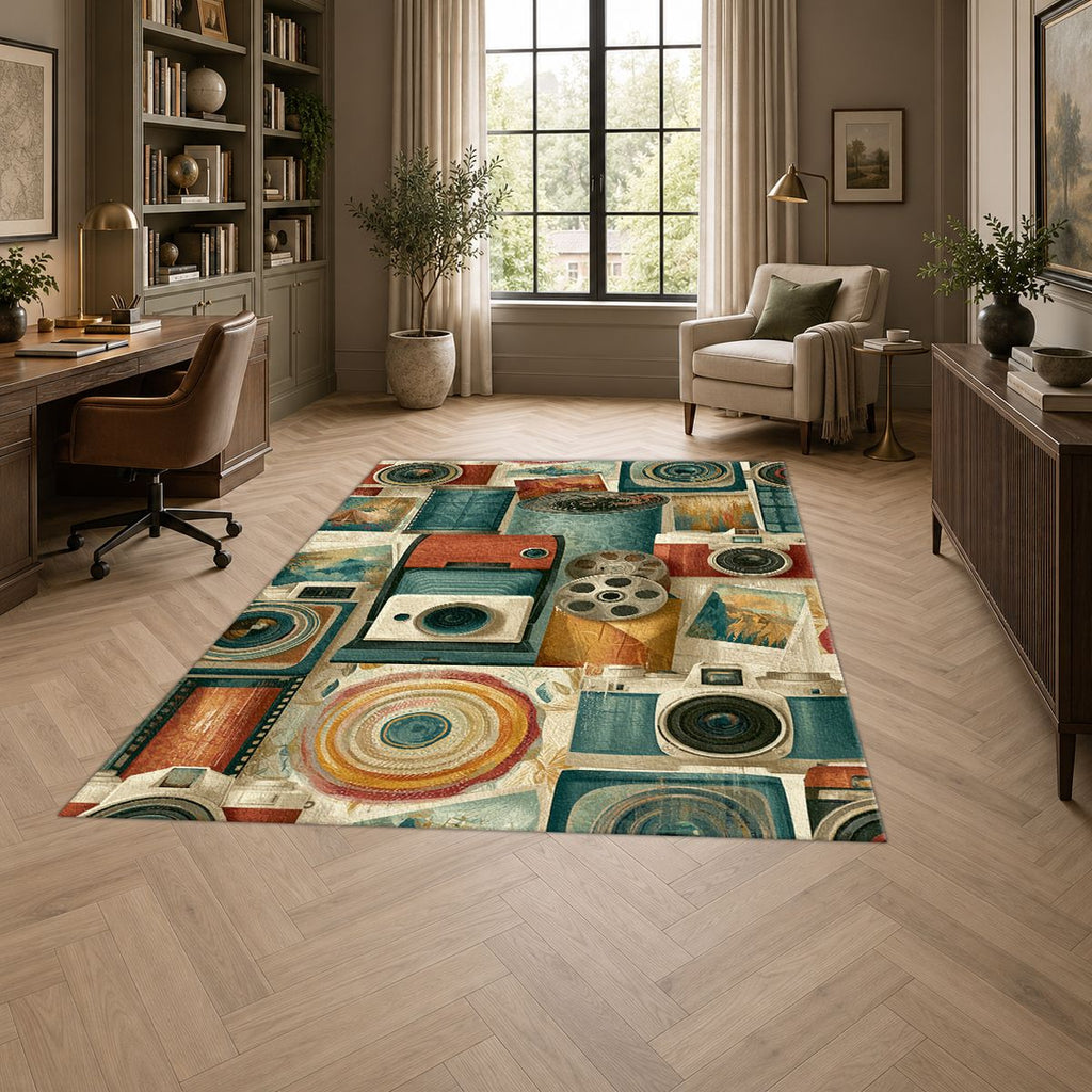 Vintage Camera and Film Reel Collage printed area rug