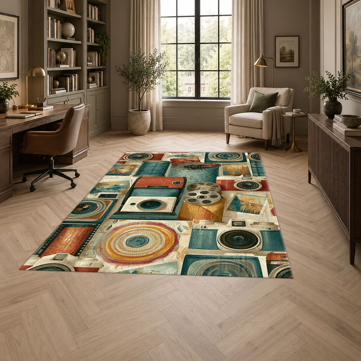 Vintage Camera and Film Reel Collage printed area rug
