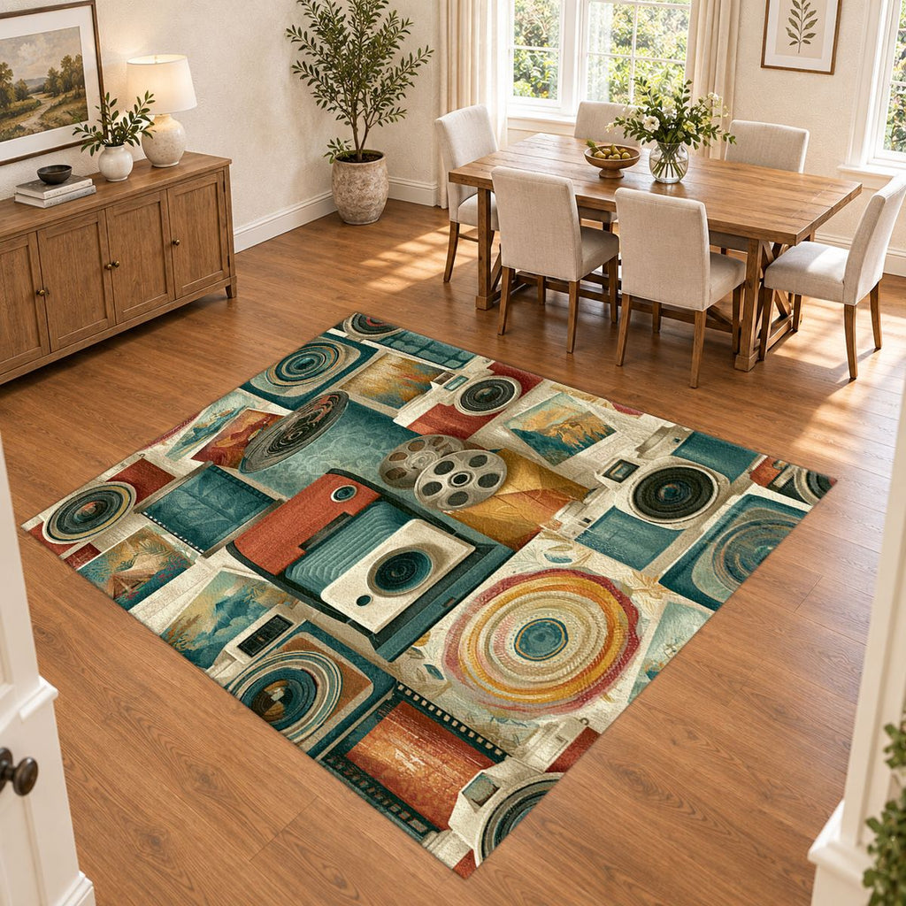 Vintage Camera and Film Reel Collage printed area rug