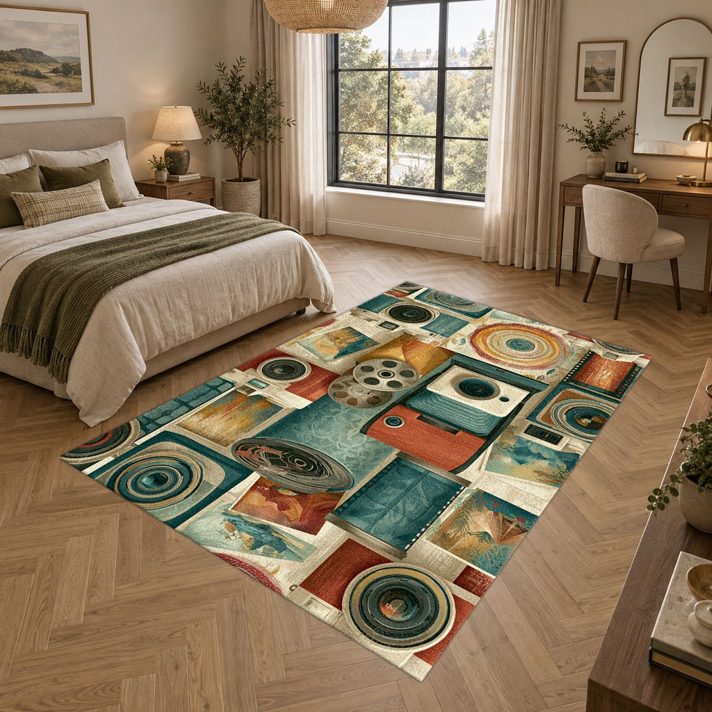 Vintage Camera and Film Reel Collage printed area rug