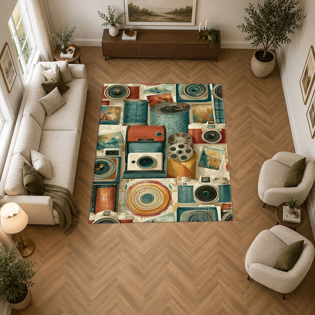 Vintage Camera and Film Reel Collage printed area rug