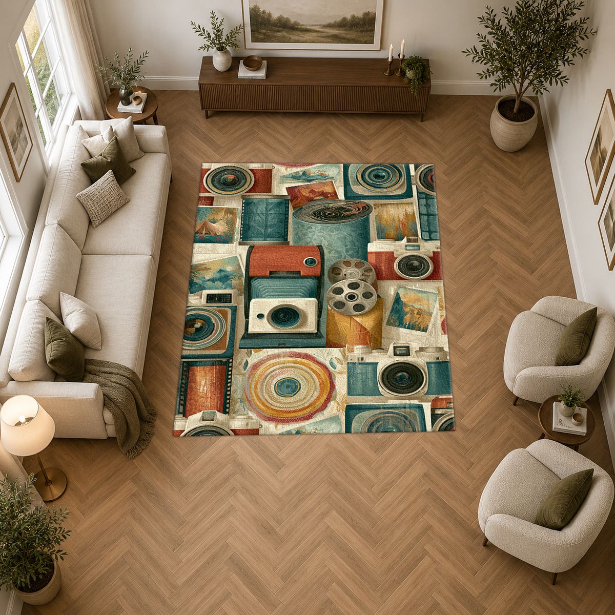 Vintage Camera and Film Reel Collage printed area rug