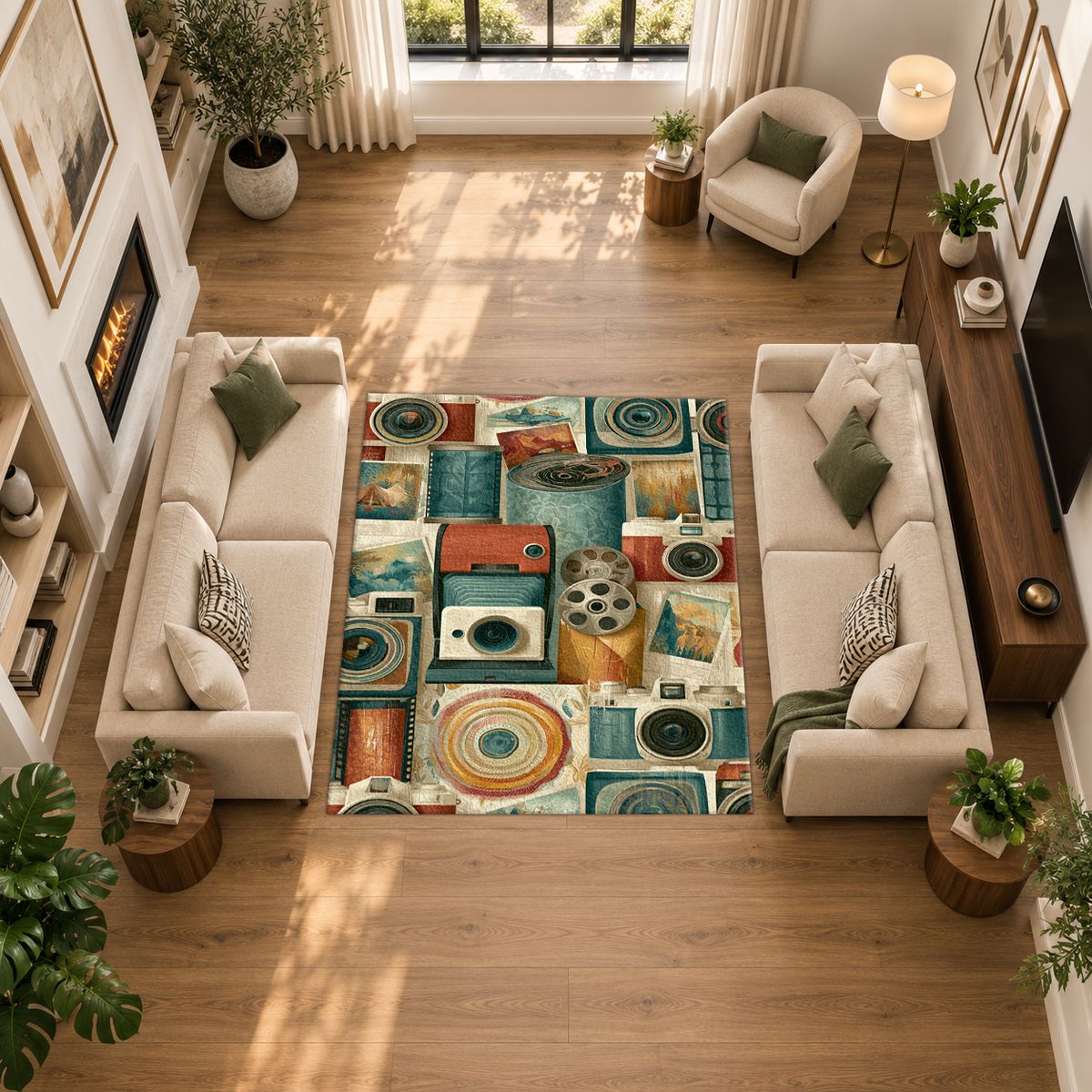 Vintage Camera and Film Reel Collage printed area rug