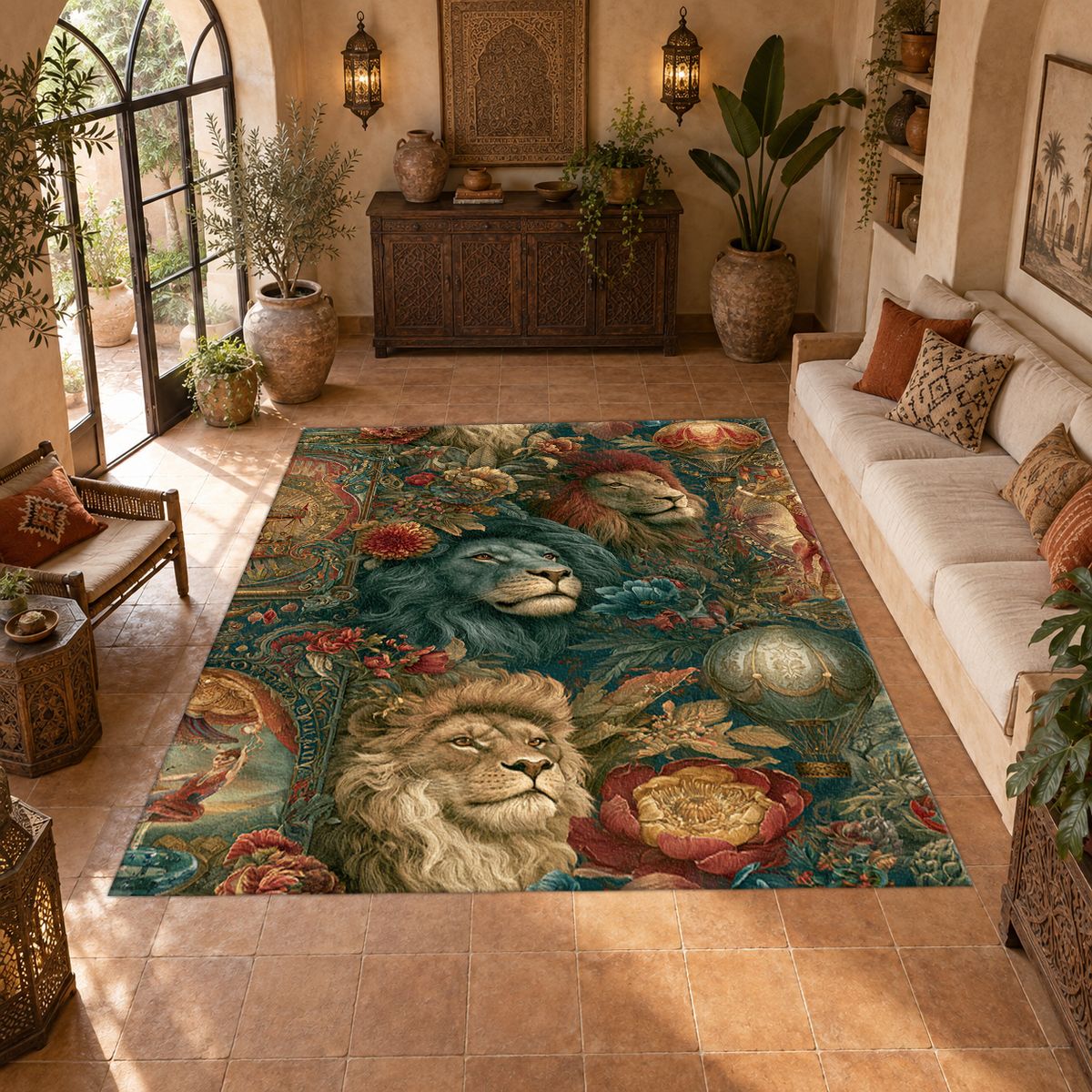 Lions and Roses Tapestry printed area rug