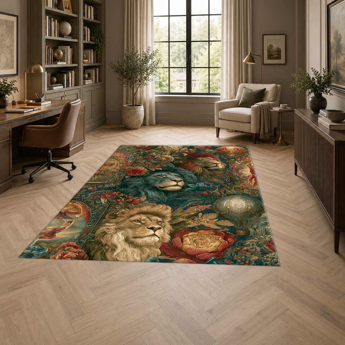 Lions and Roses Tapestry printed area rug