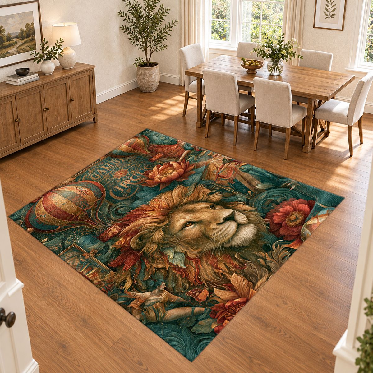 Vintage Circus Lion and Balloons printed area rug