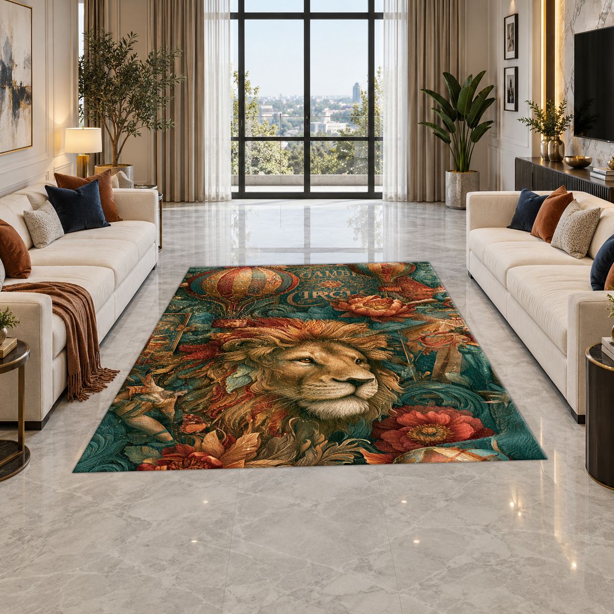 Vintage Circus Lion and Balloons printed area rug