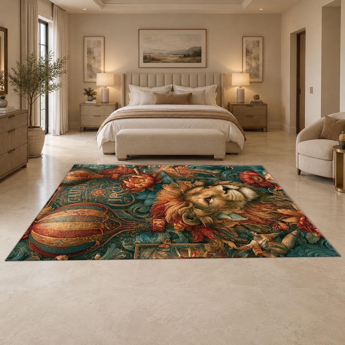 Vintage Circus Lion and Balloons printed area rug