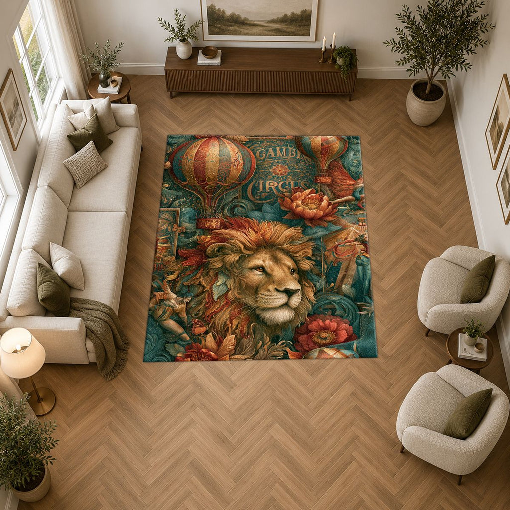 Vintage Circus Lion and Balloons printed area rug
