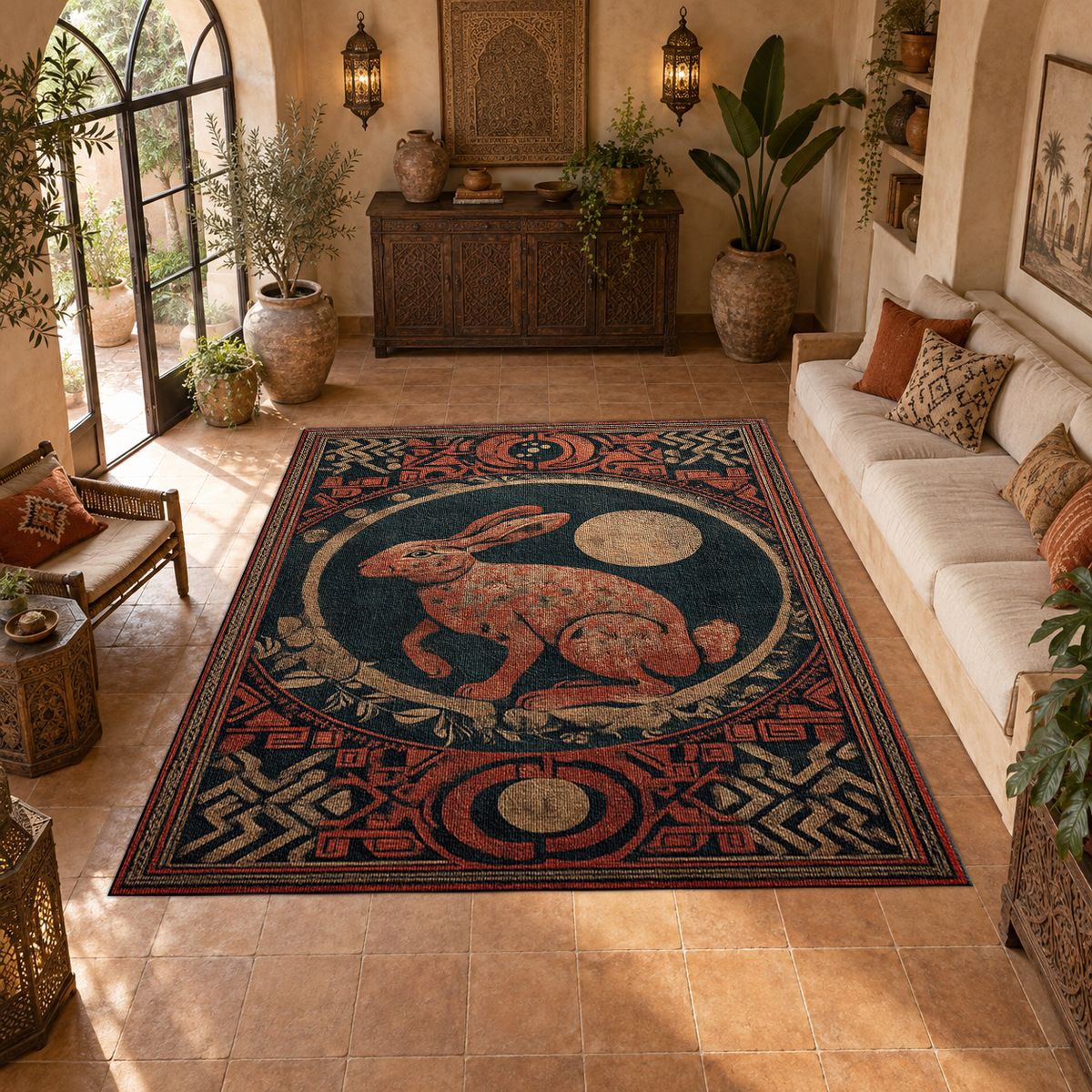 Red Moon Rabbit Folk Medallion printed area rug