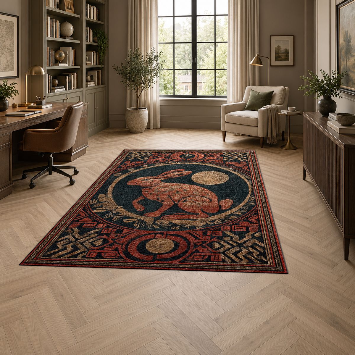 Red Moon Rabbit Folk Medallion printed area rug