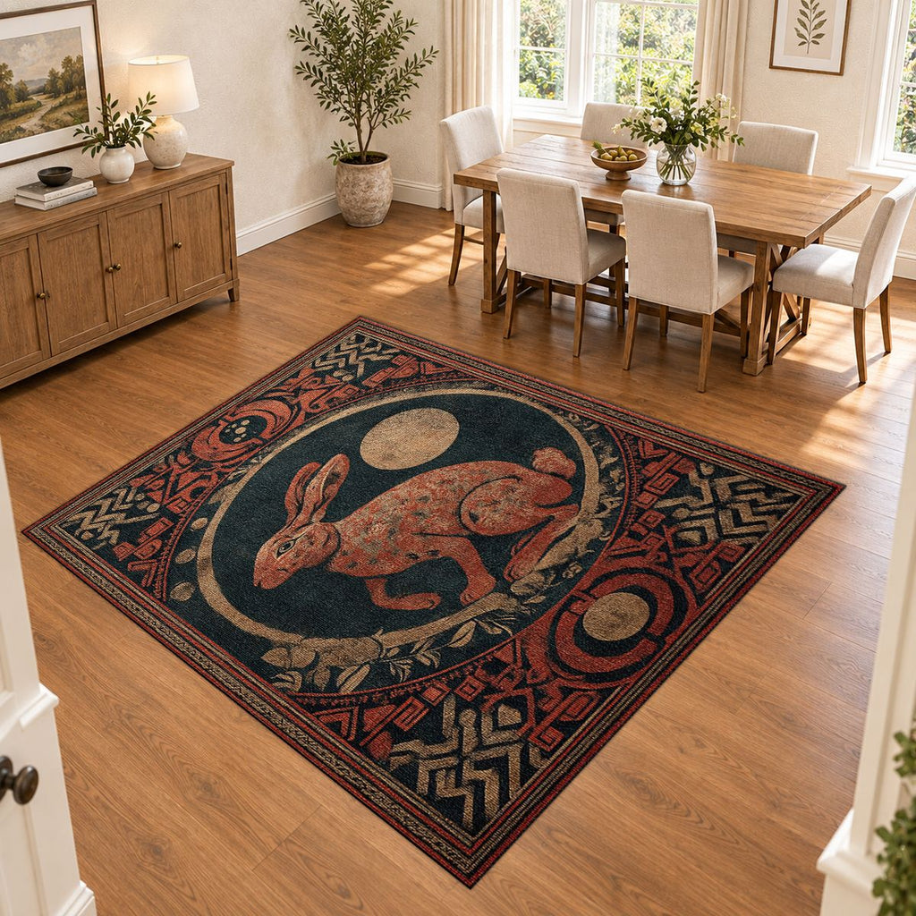 Red Moon Rabbit Folk Medallion printed area rug