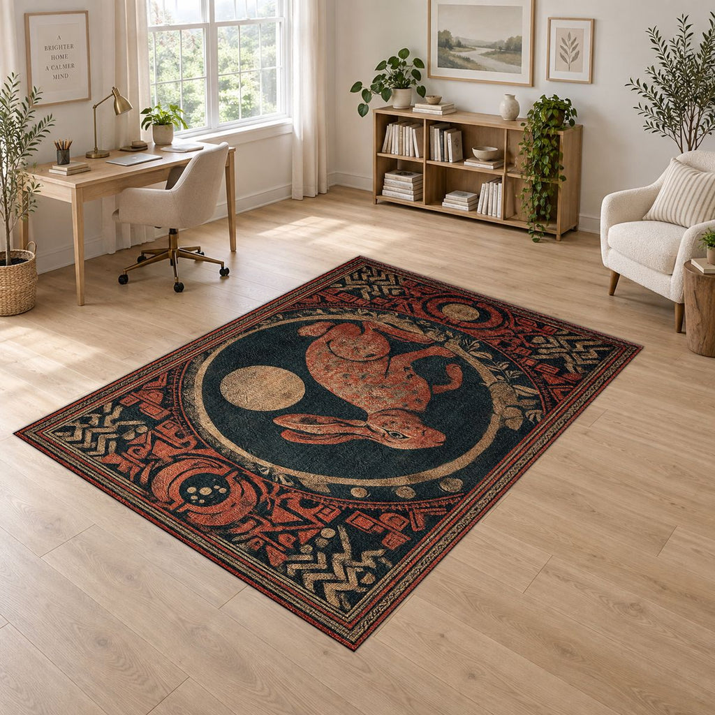 Red Moon Rabbit Folk Medallion printed area rug