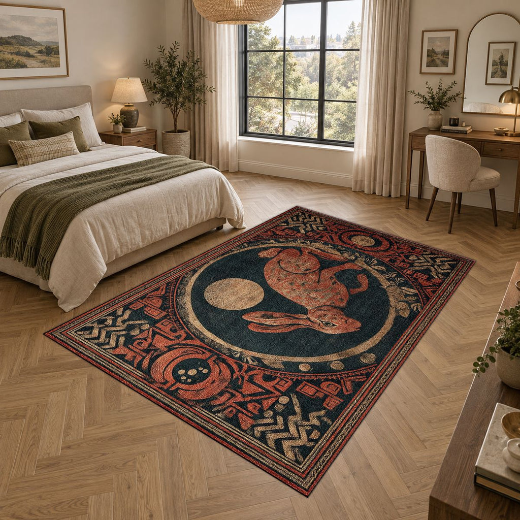 Red Moon Rabbit Folk Medallion printed area rug