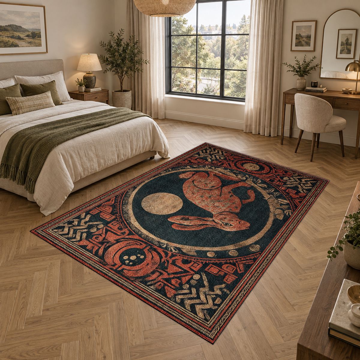 Red Moon Rabbit Folk Medallion printed area rug