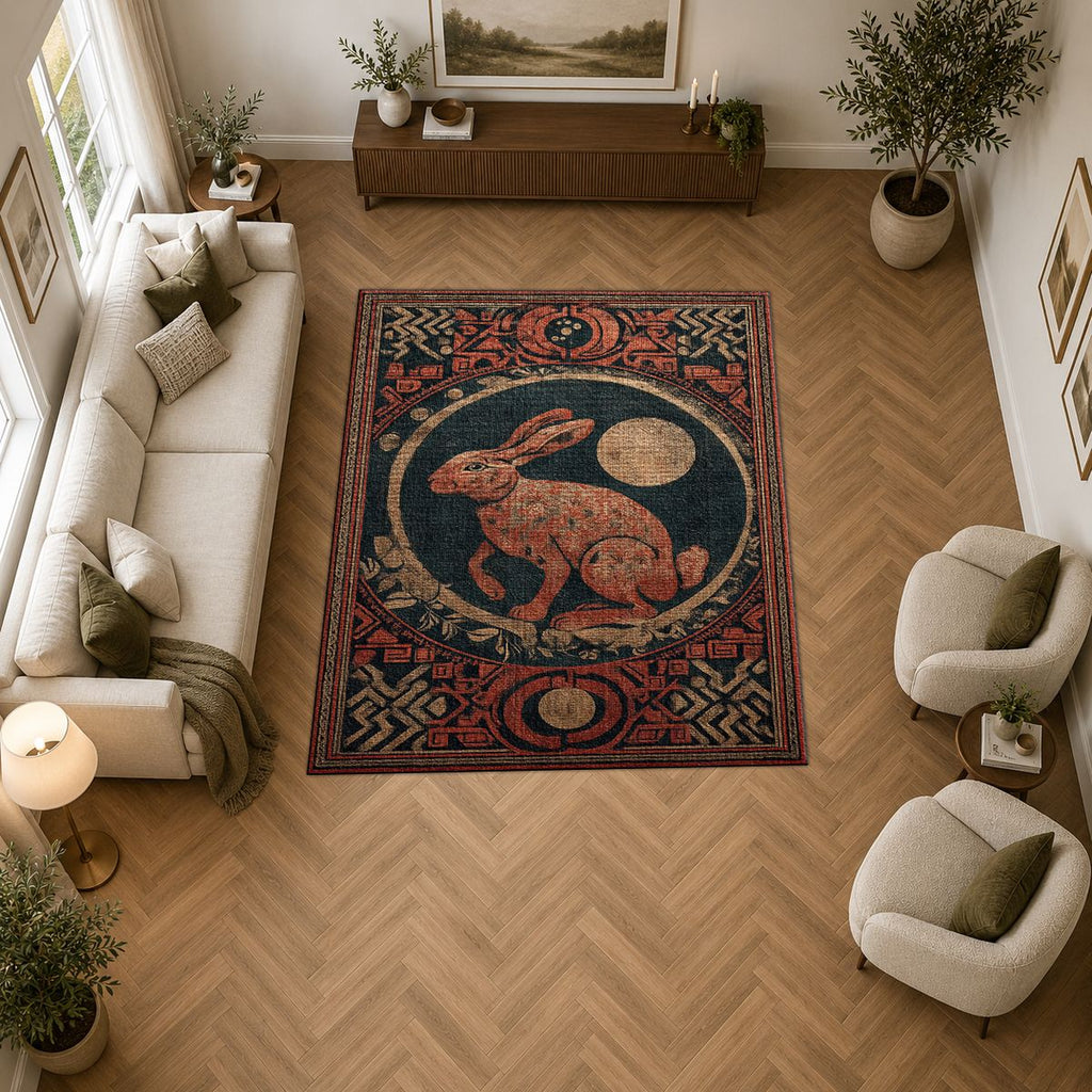 Red Moon Rabbit Folk Medallion printed area rug