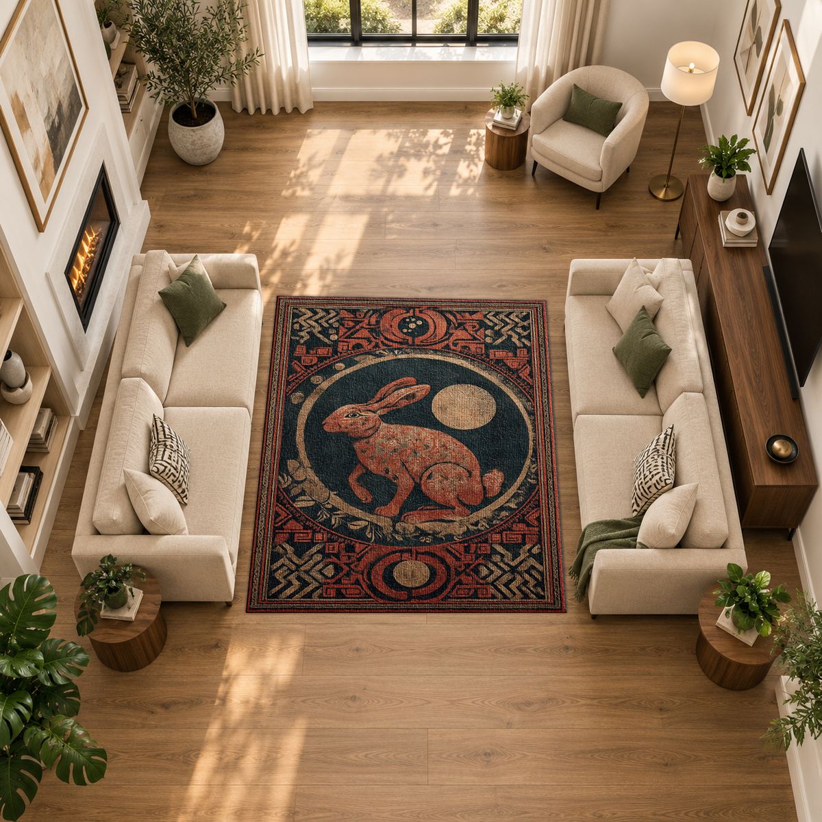 Red Moon Rabbit Folk Medallion printed area rug